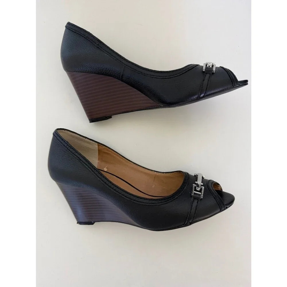 Saks Fifth Avenue Black Leather Peep Toe Wedge Heels 7M
